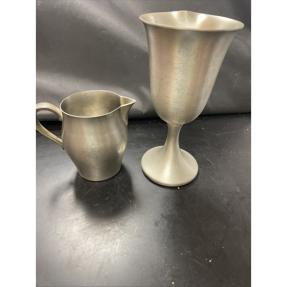 Vtg WEB Pewter Wine Goblet Glass Pedestal Footed 6 5/8"‎ Patina Stains W Creamer